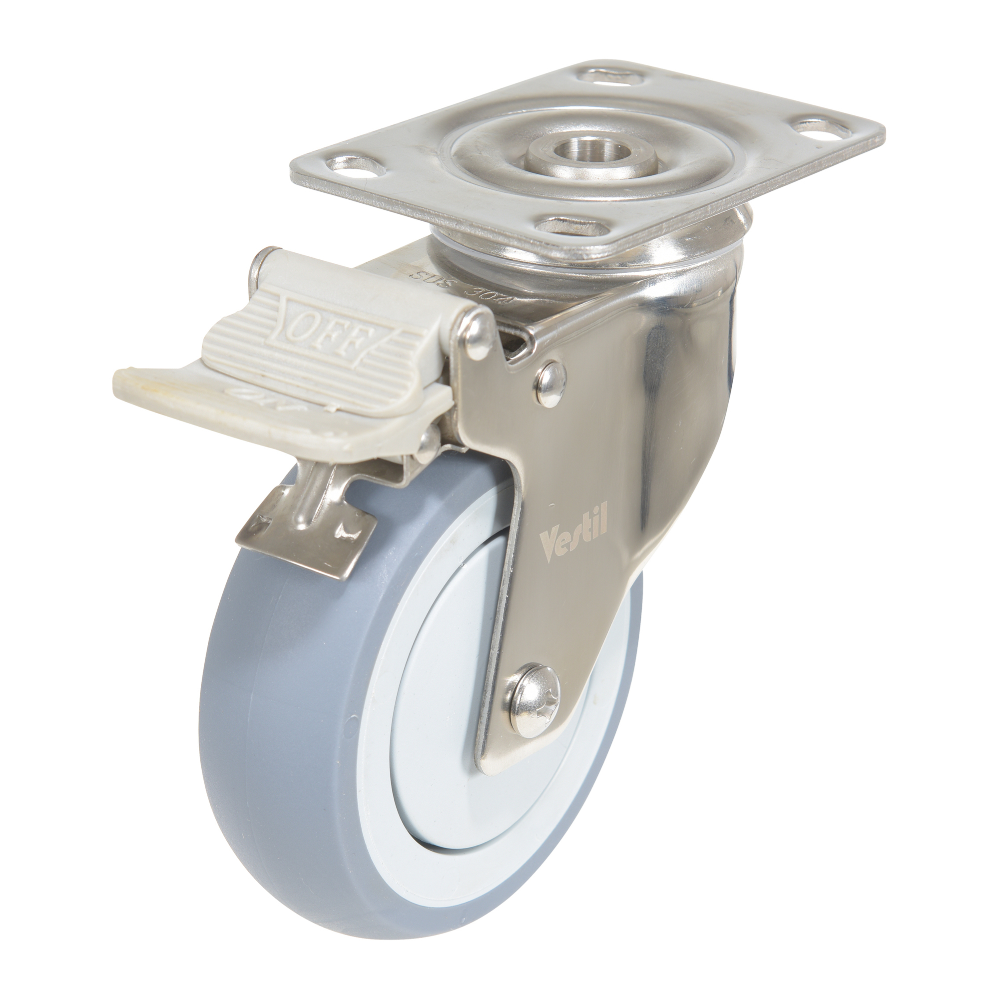 Vestil Thermoplastic Rubber Swivel Caster with Brake - 4in. Wheel Diameter, Stainless Steel, Non-Marking, Model# CST-E-SS-4X1TPR-SWTB